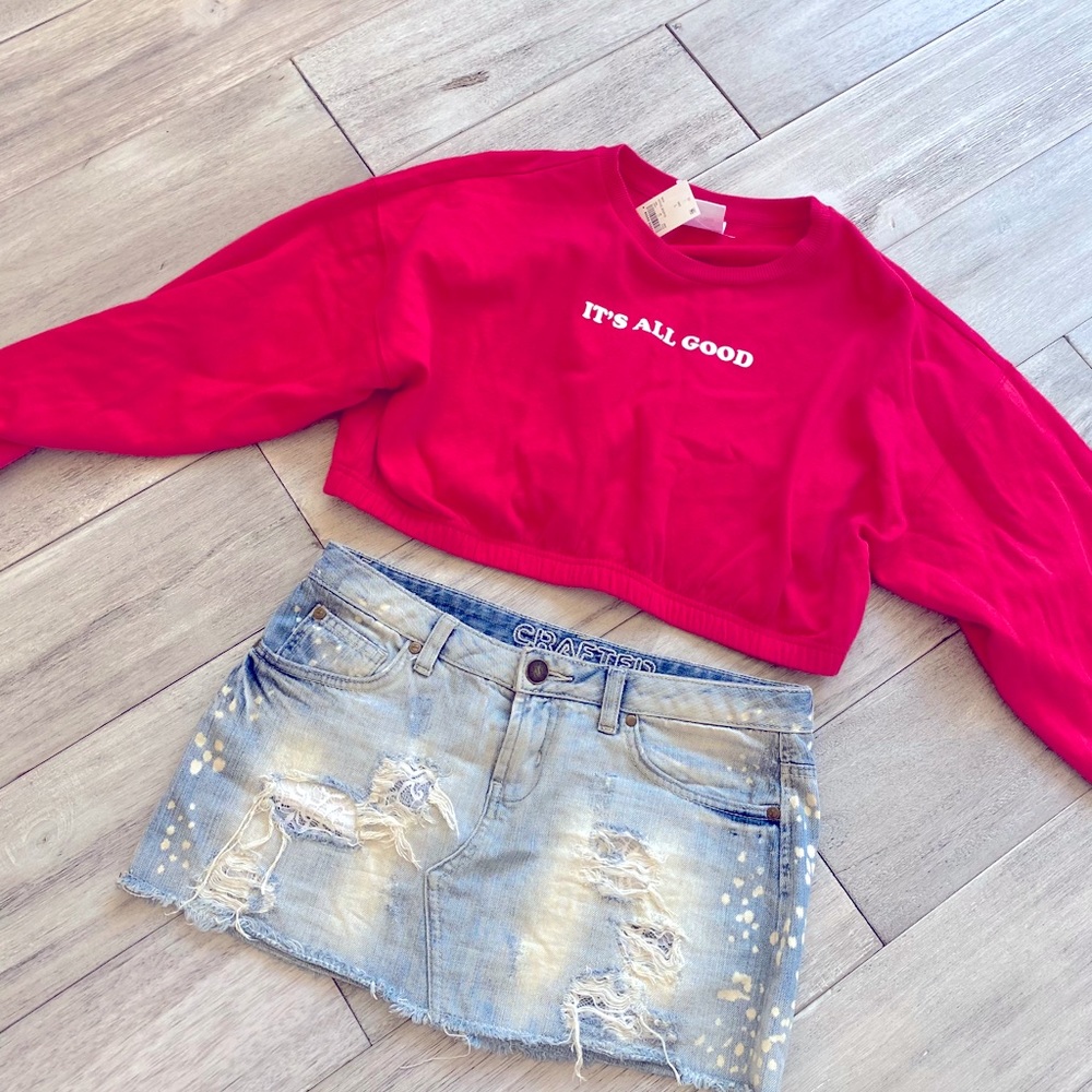 Combo crop top and distressed jeans skirt